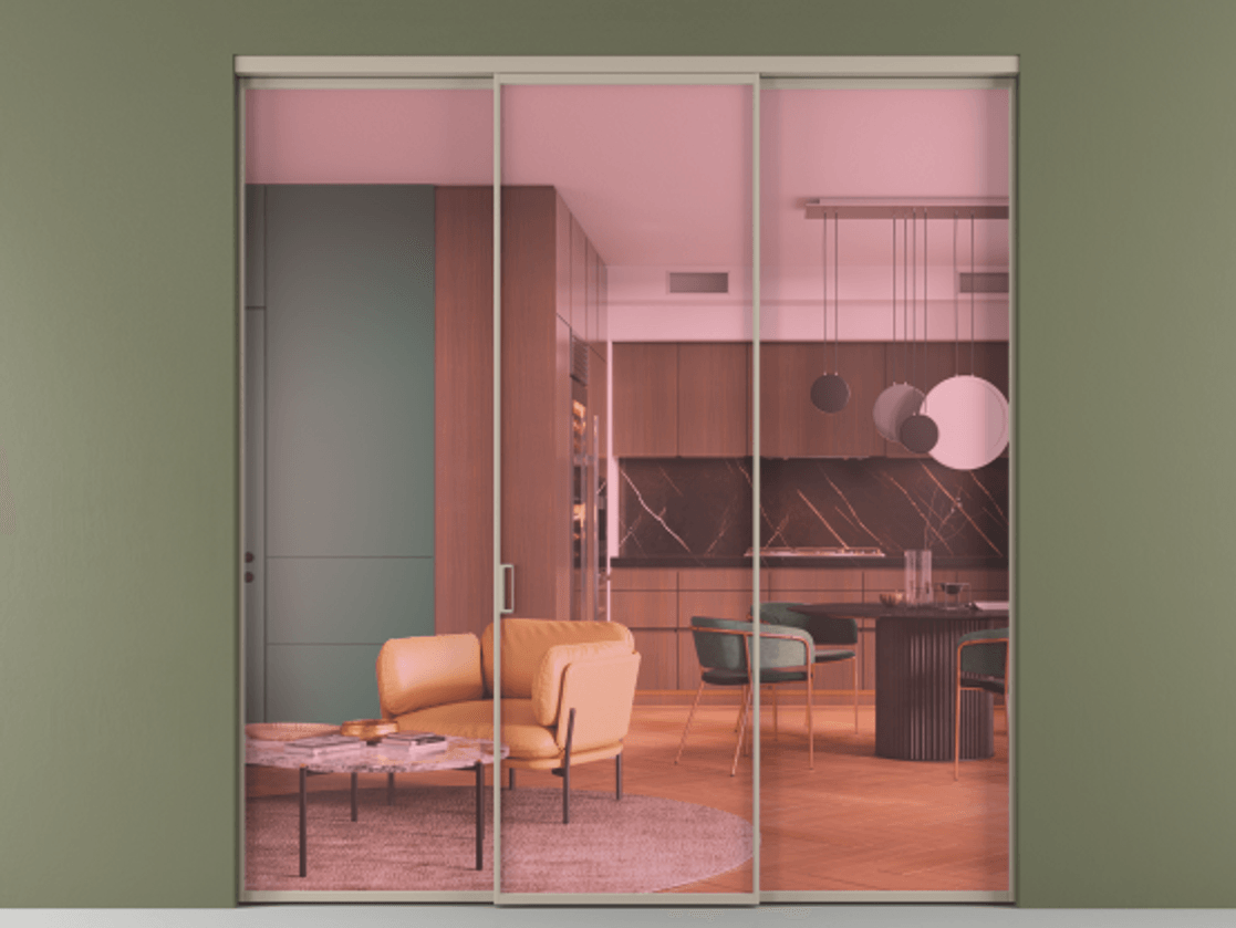 Перегородка Formato внутри проёма 3 створки АЛПР 040.01 Алюминий бисквитный Прозрачное розовое стекло, триплекс Цена 1470000 ₸ | Volhovec