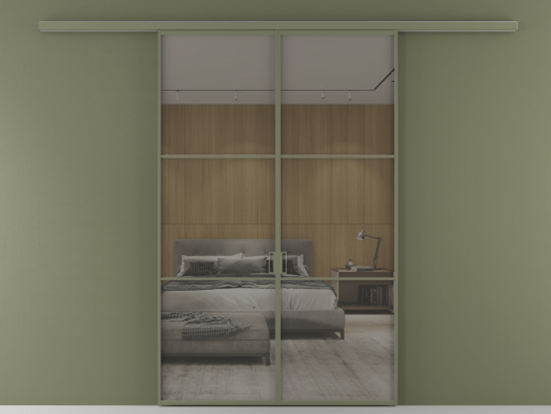 Перегородка Формато вдоль стены 2 створки АЛПР 040.03 Алюминий оливковый тёмный Рефлективное серое стекло "Стопсол", калёное Цена 1882440 ₸ | Volhovec