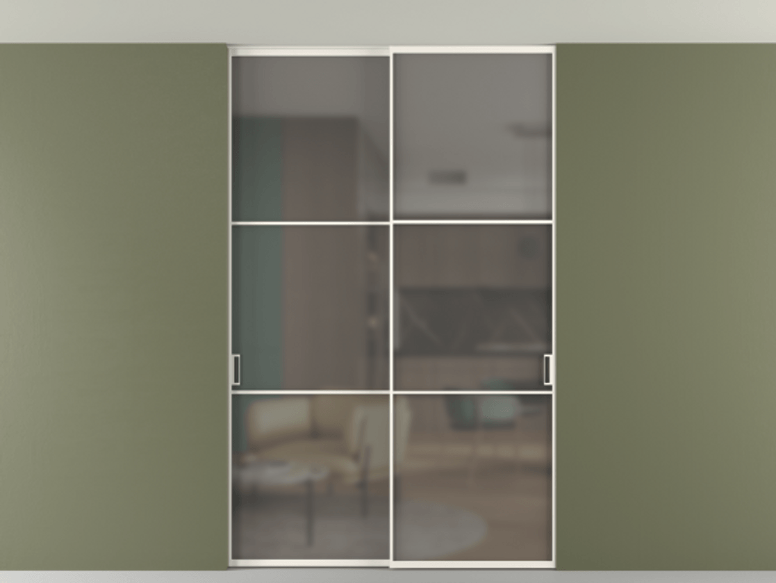 Перегородка Formato внутри проёма скрытое крепление в потолок 2 створки АЛПР 040.03 Алюминий пудровый белый Сатинированное серое стекло, триплекс Цена 1876505 ₸ | Volhovec