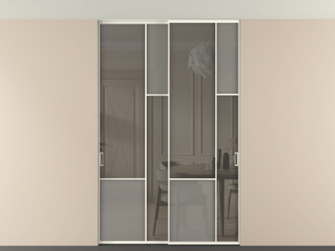 Перегородка Мозаик внутри проёма скрытое крепление в потолок 2 створки АЛПР 041.12 Алюминий жемчужный Сатинированное серое стекло, триплекс, 6 мм + Прозрачное серое стекло, триплекс Цена 2453825 ₸ | Volhovec