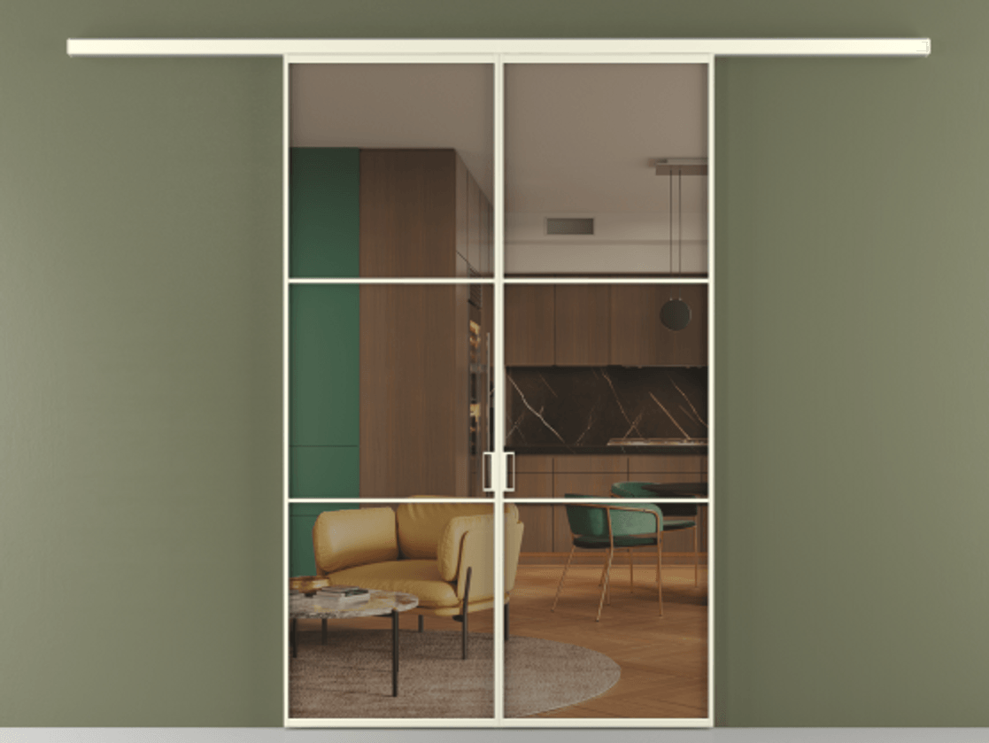 Перегородка Formato вдоль стены 2 створки АЛПР 040.03 Алюминий молочно-белый Прозрачное бронзовое стекло, триплекс Цена 1761480 ₸ | Volhovec