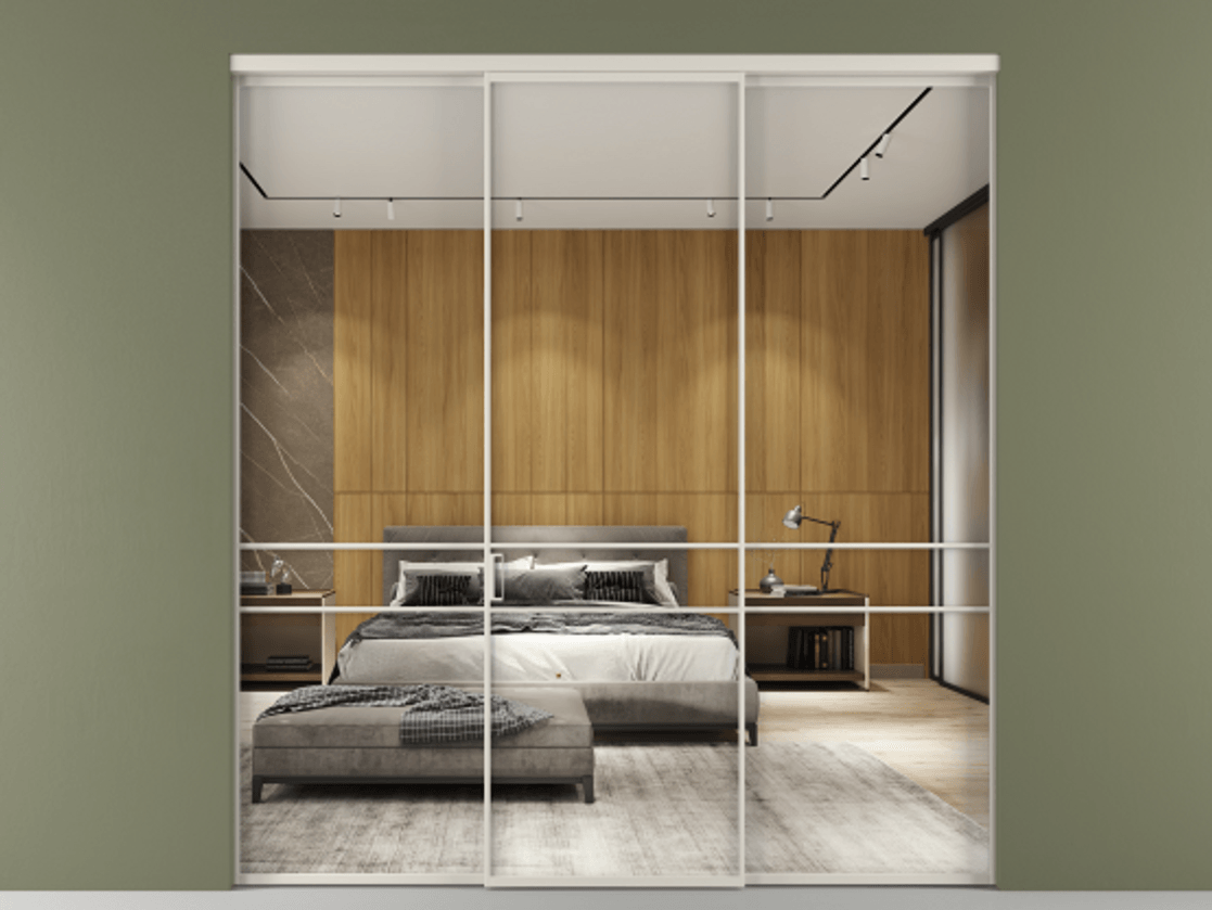 Перегородка Formato внутри проёма 3 створки АЛПР 040.02 Алюминий облачно-серый Двустороннее зеркало, триплекс , триплекс 6 мм Цена 1550890 ₸ | Volhovec