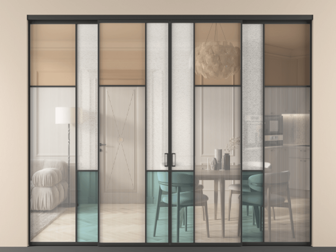 Перегородка Мозаик внутри проёма 4 створки АЛПР 041.11 Алюминий Черный Комбинация стекол Группы 1 и Группы 3 Цена 3522658 ₸ | Volhovec