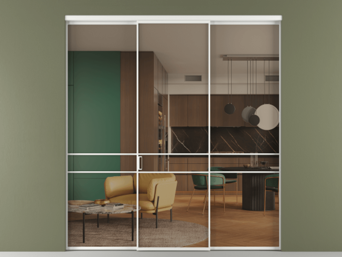 Перегородка Formato внутри проёма 3 створки АЛПР 040.02 Алюминий белоснежный Прозрачное бронзовое стекло, триплекс Цена 1550890 ₸ | Volhovec