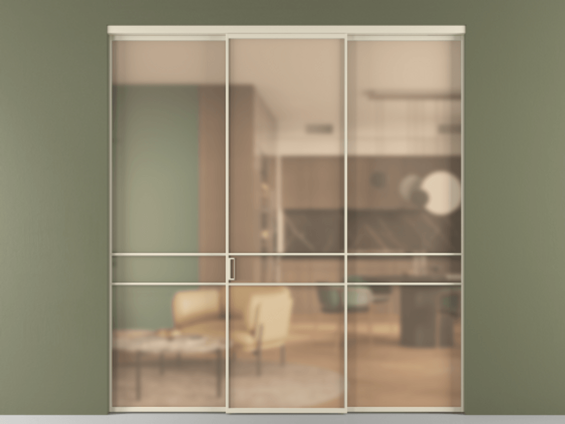 Перегородка Formato внутри проёма 3 створки АЛПР 040.02 Алюминий бежево-серый Сатинированное оранжевое стекло, триплекс Цена 1832100 ₸ | Volhovec