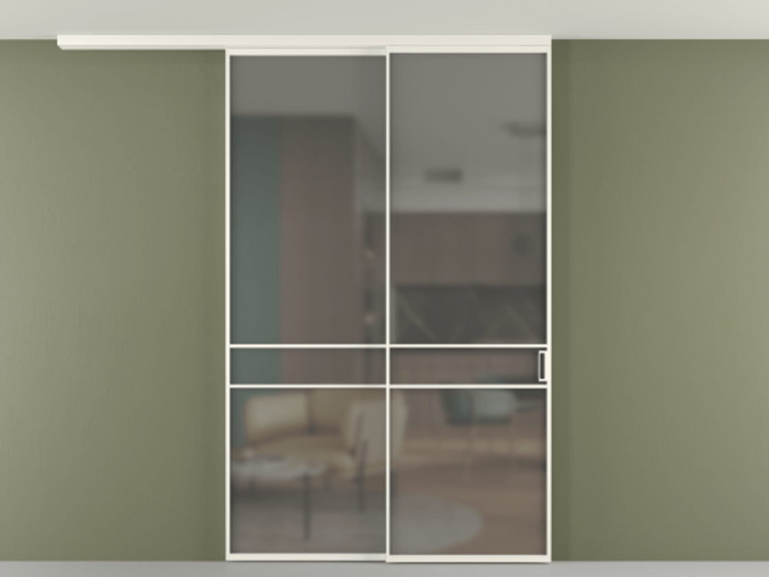 Перегородка Формато вдоль стены на потолок 2 створки с синхронным механизмом АЛПР 040.02 Алюминий пудровый белый Сатинированное серое стекло, триплекс Цена 2101499 ₸ | Volhovec