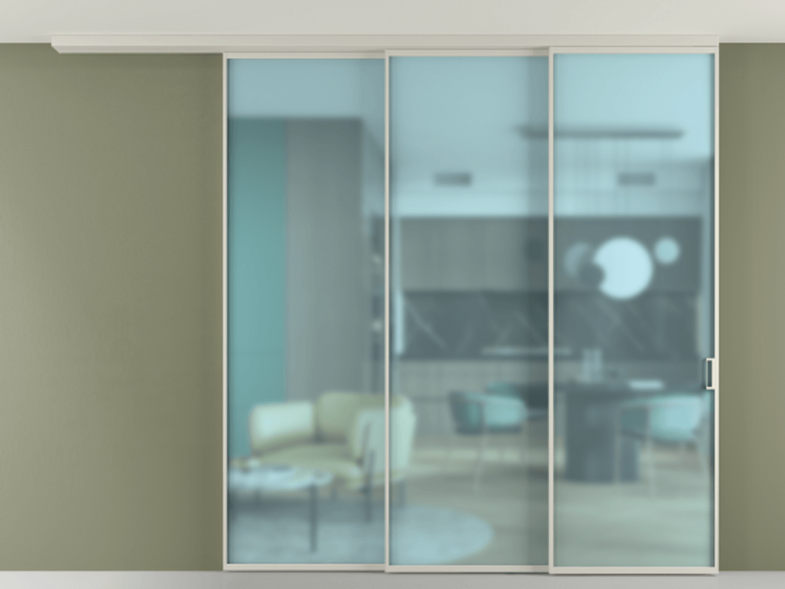 Перегородка Formato вдоль стены на потолок 3 створки с синхронным механизмом АЛПР 040.01 Алюминий тёплый серый Сатинированное голубое стекло, триплекс Цена 2384400 ₸ | Volhovec