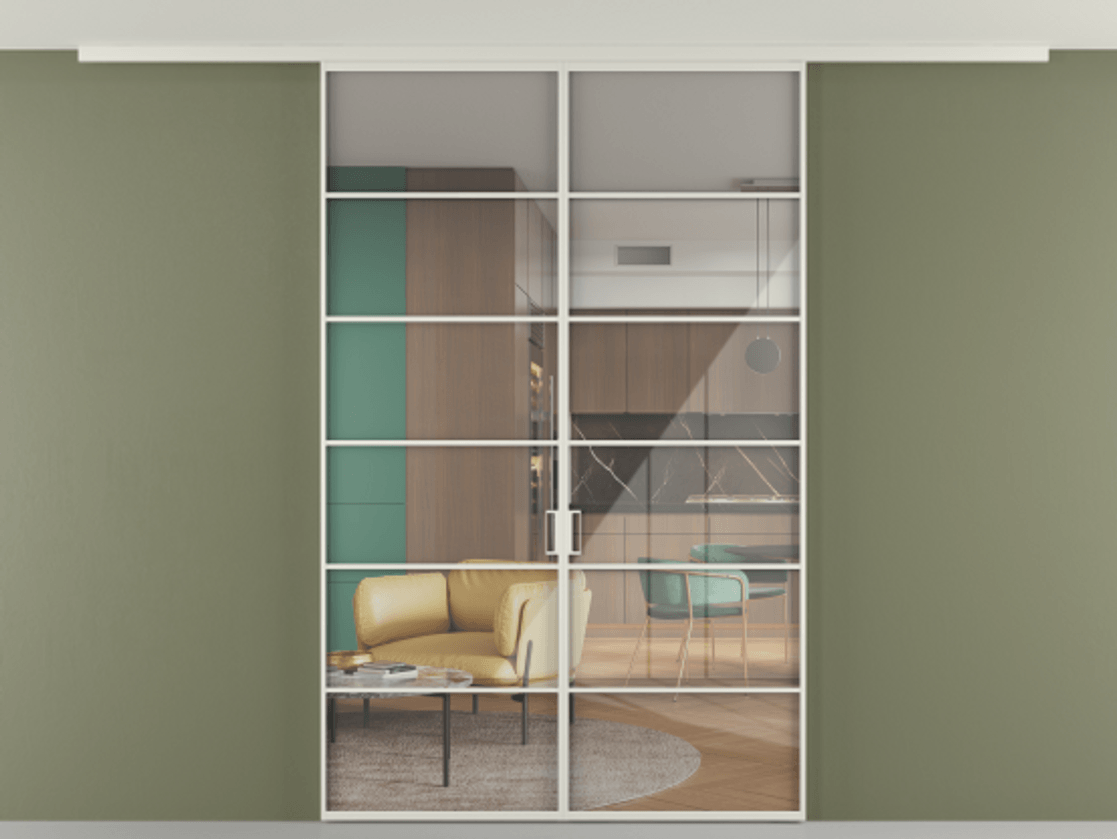 Перегородка Формато вдоль стены на потолок 2 створки АЛПР 040.04 Алюминий Белый Рефлективное прозрачное стекло "Стопсол", калёное Цена 1612276 ₸ | Volhovec