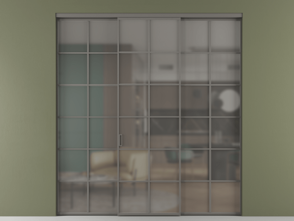 Перегородка Формато внутри проёма 3 створки АЛПР 040.05 Алюминий классический серый Сатинированное серое стекло, триплекс Цена 1926477 ₸ | Volhovec