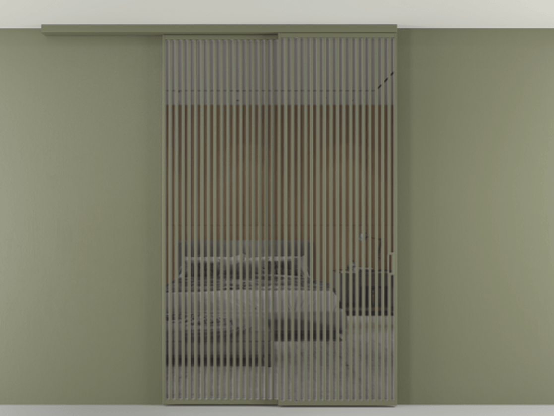 Перегородка Формато вдоль стены на потолок 2 створки с синхронным механизмом АЛПР 040.06 Алюминий оливковый тёмный Рефлективное серое стекло "Стопсол", калёное Цена 3502215 ₸ | Volhovec