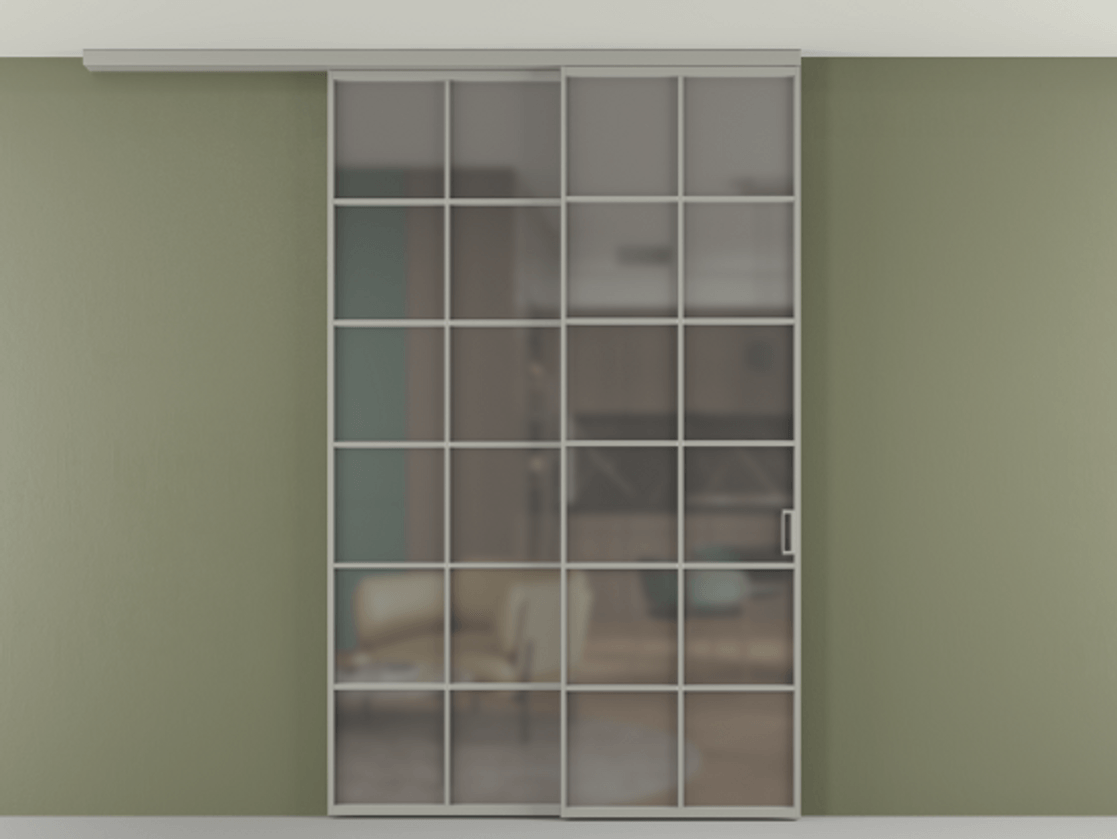 Перегородка Формато вдоль стены на потолок 2 створки с синхронным механизмом АЛПР 040.05 Алюминий нейтральный серый Сатинированное серое стекло, триплекс Цена 2205282 ₸ | Volhovec