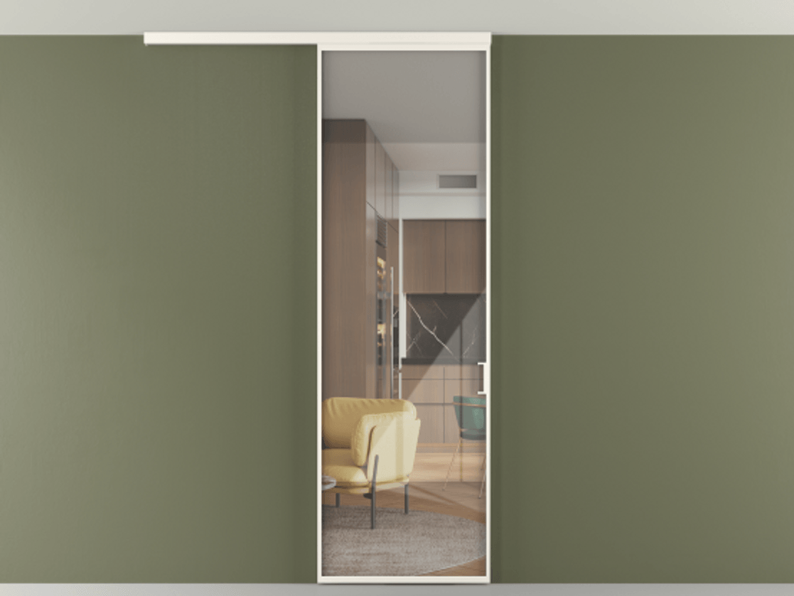 Перегородка Формато вдоль стены на потолок 1 створка АЛПР 040.01 Алюминий пудровый белый Рефлективное прозрачное стекло "Стопсол", калёное Цена 903949 ₸ | Volhovec