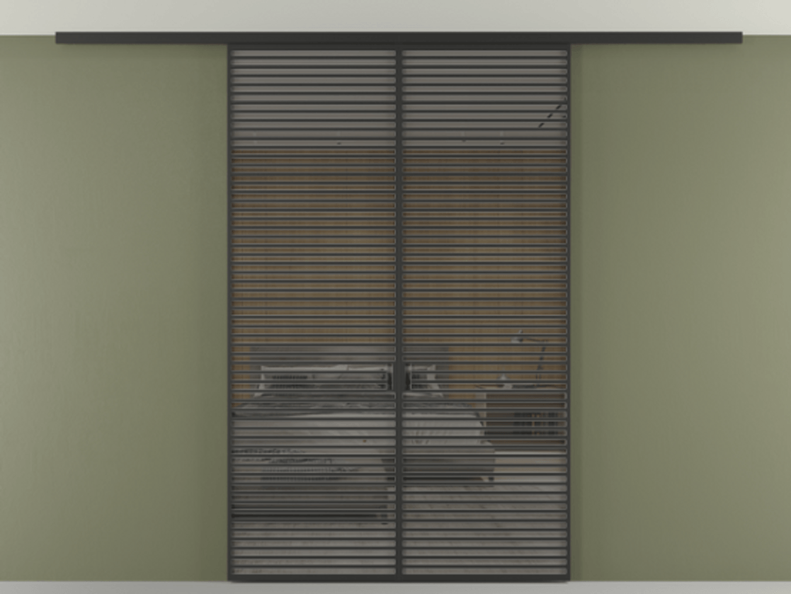 Перегородка Формато вдоль стены на потолок 2 створки АЛПР 040.07 Алюминий Черный Рефлективное серое стекло "Стопсол", калёное Цена 3327610 ₸ | Volhovec