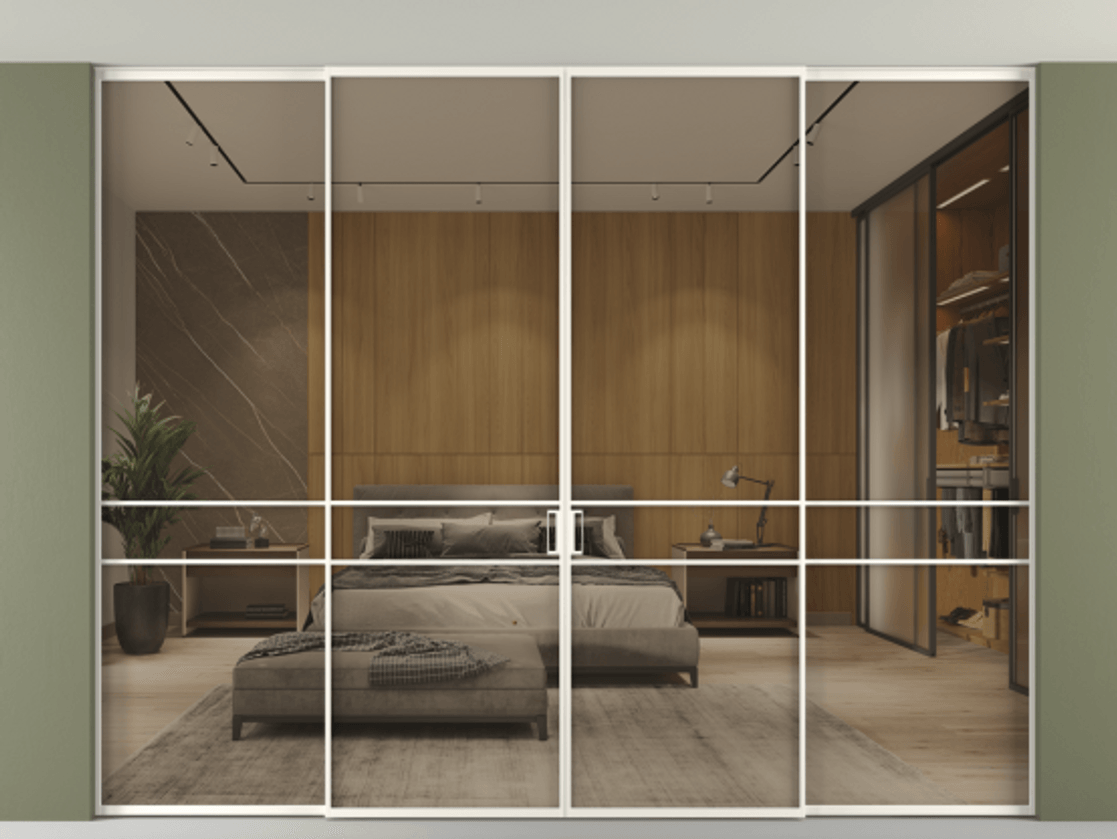 Перегородка Formato внутри проёма скрытое крепление в потолок 4 створки АЛПР 040.02 Алюминий пудровый белый Рефлективное бронзовое стекло "Stopsol", калёное Цена 4196858 ₸ | Volhovec