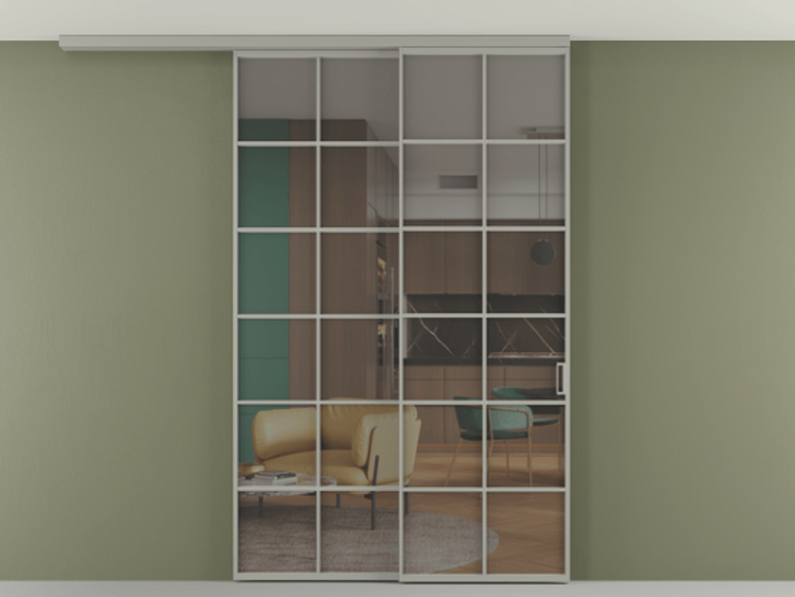 Перегородка Формато вдоль стены на потолок 2 створки с синхронным механизмом АЛПР 040.05 Алюминий нейтральный серый Прозрачное серое стекло, триплекс Цена 2205282 ₸ | Volhovec