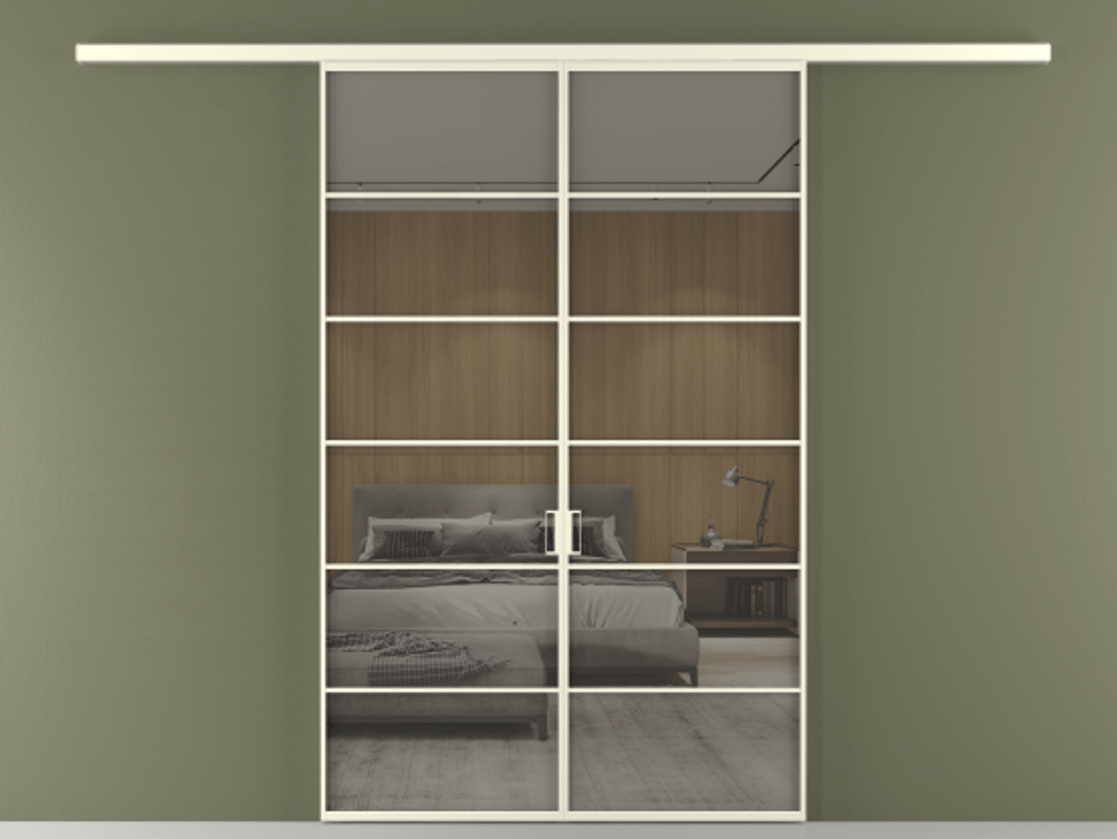 Перегородка Formato вдоль стены 2 створки АЛПР 040.04 Алюминий молочно-белый Рефлективное серое стекло "Stopsol", калёное Цена 1651100 ₸ | Volhovec