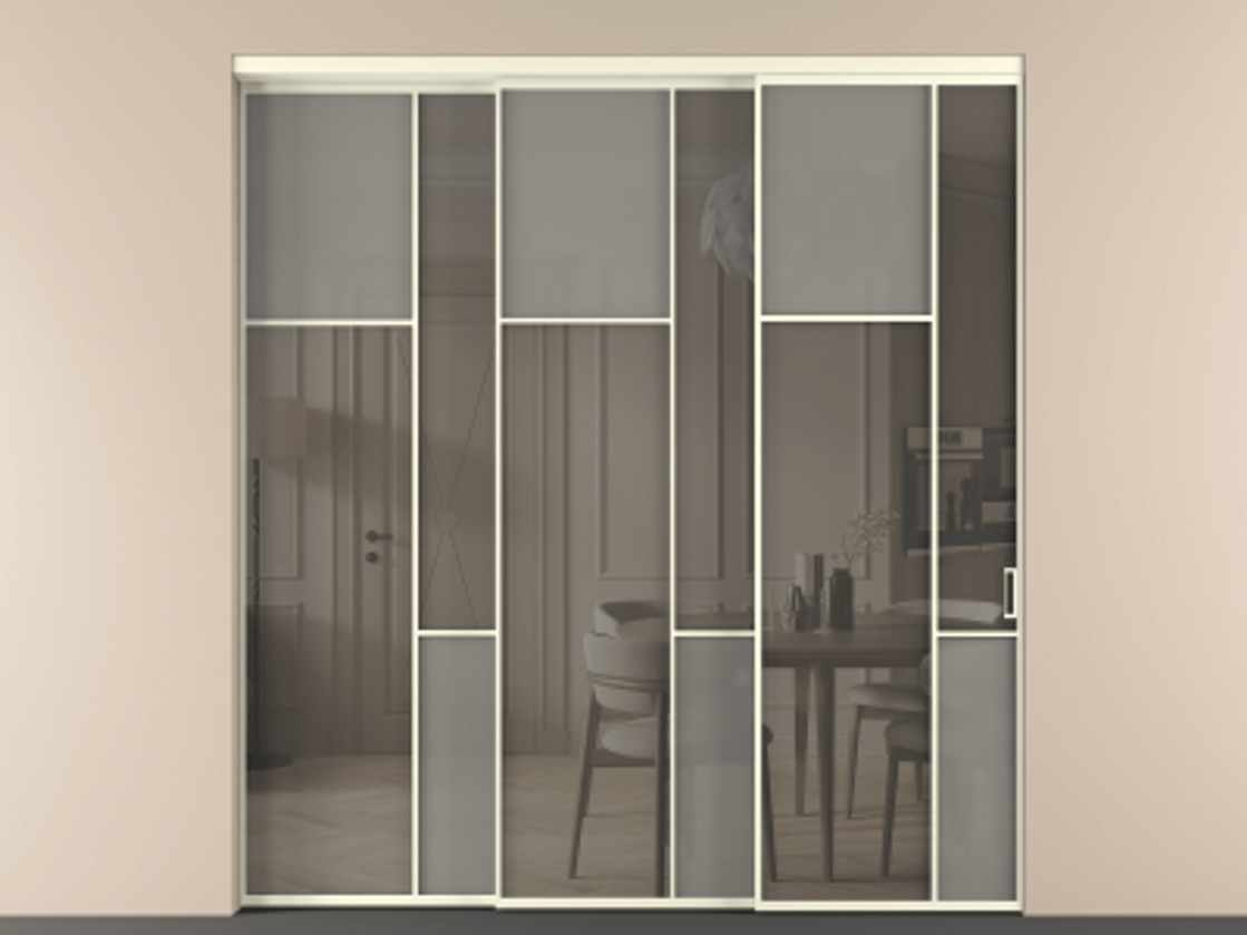 Перегородка Мозаик внутри проёма 3 створки с синхронным механизмом АЛПР 041.10 Алюминий молочно-белый Сатинированное серое стекло, триплекс, 6 мм + Прозрачное серое стекло, триплекс Цена 3306668 ₸ | Volhovec