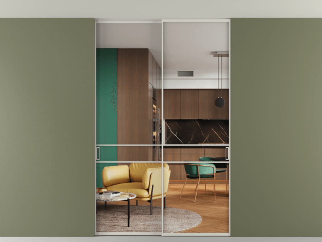 Перегородка Formato внутри проёма скрытое крепление в потолок 2 створки АЛПР 040.02 Алюминий тёплый серый Прозрачное стекло "Crystal Vision", калёное Цена 2309731 ₸ | Volhovec