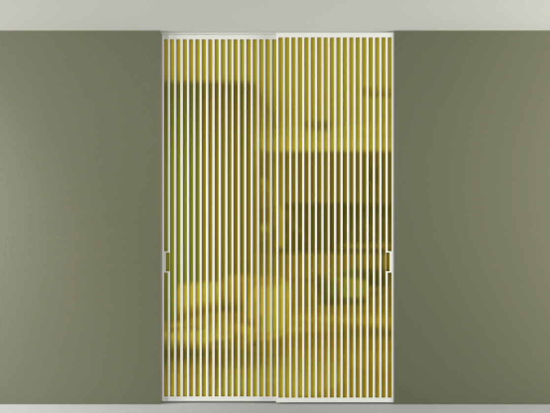 Перегородка Формато внутри проёма скрытое крепление в потолок 2 створки АЛПР 040.06 Алюминий светло-серый Сатинированное жёлтое стекло, триплекс Цена 3098957 ₸ | Volhovec