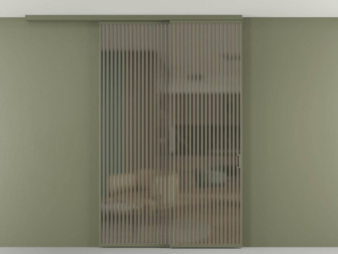 Перегородка Формато вдоль стены на потолок 2 створки с синхронным механизмом АЛПР 040.06 Алюминий оливковый тёмный Сатинированное бронзовое стекло, триплекс Цена 3405447 ₸ | Volhovec