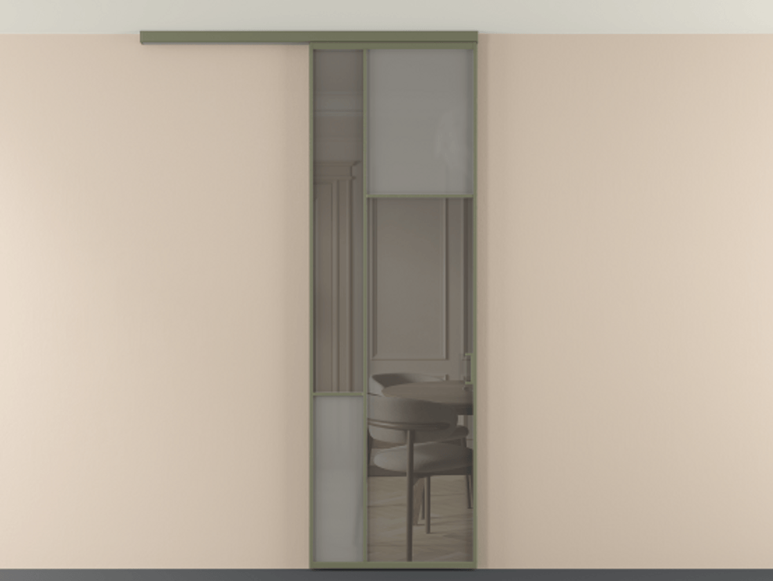 Перегородка Мозаик вдоль стены на потолок 1 створка АЛПР 041.11 Алюминий оливковый тёмный Сатинированное серое стекло, триплекс, 6 мм + Прозрачное серое стекло, триплекс Цена 1020902 ₸ | Volhovec