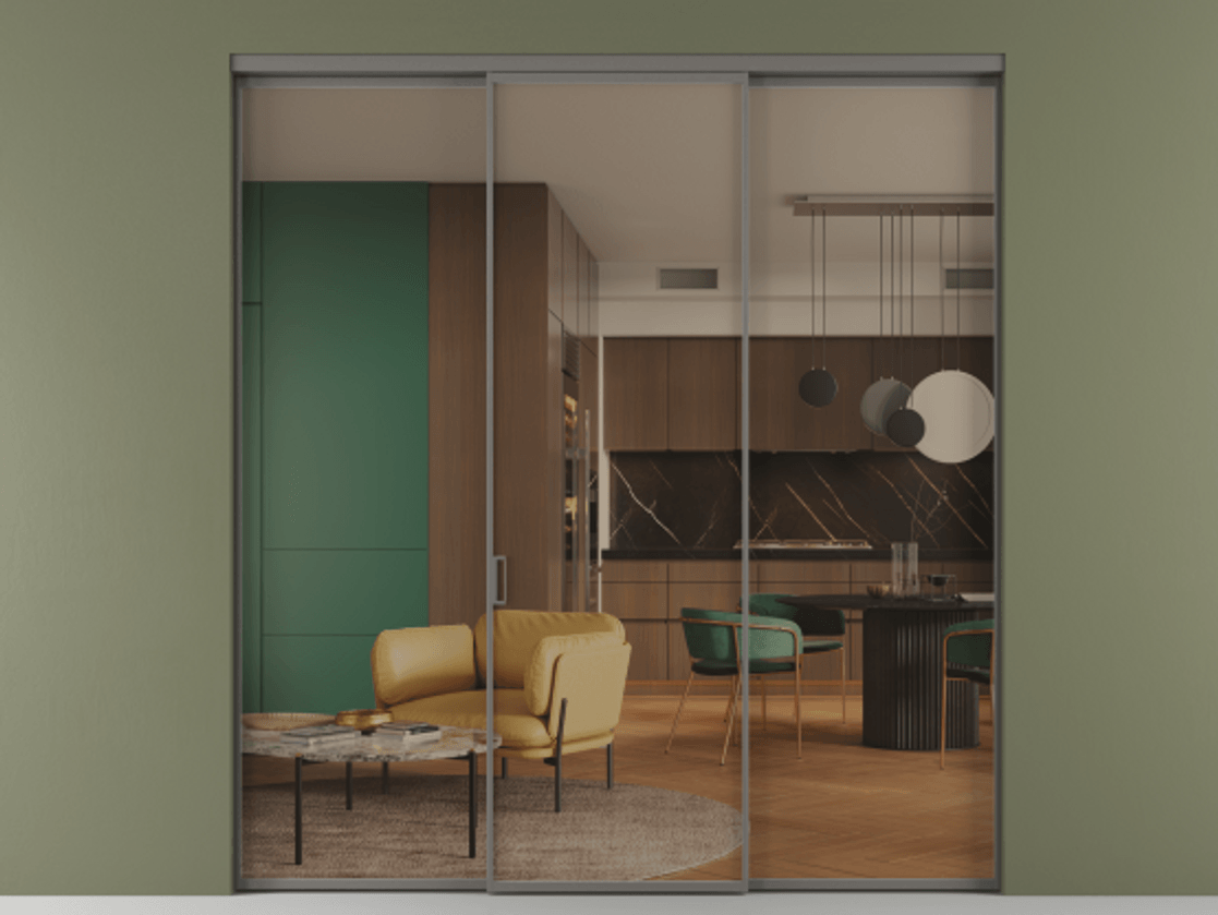 Перегородка Formato внутри проёма 3 створки АЛПР 040.01 Алюминий классический серый Прозрачное бронзовое стекло, триплекс Цена 1701945 ₸ | Volhovec