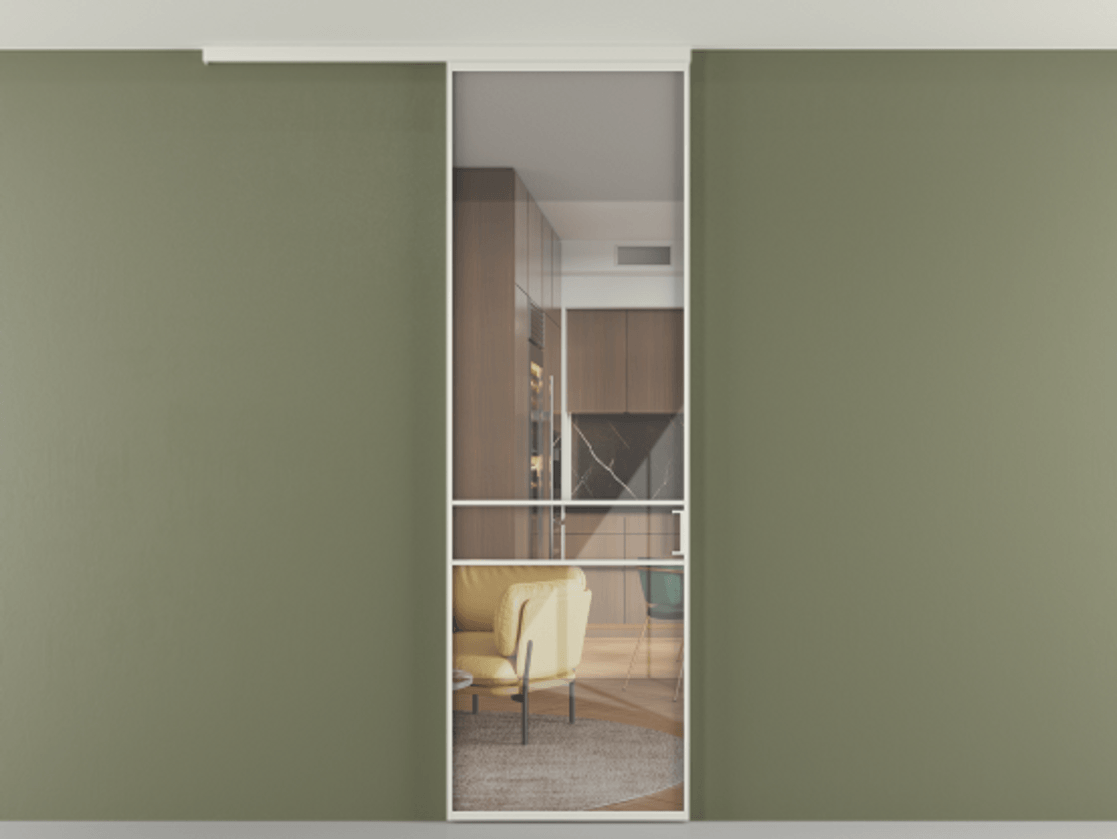 Перегородка Формато вдоль стены на потолок 1 створка АЛПР 040.02 Алюминий Белый Рефлективное прозрачное стекло "Стопсол", калёное Цена 913626 ₸ | Volhovec