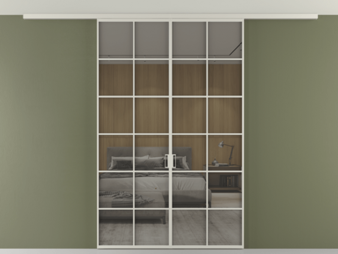 Перегородка Формато вдоль стены на потолок 2 створки АЛПР 040.05 Алюминий тёплый серый Рефлективное серое стекло "Стопсол", калёное Цена 1973765 ₸ | Volhovec