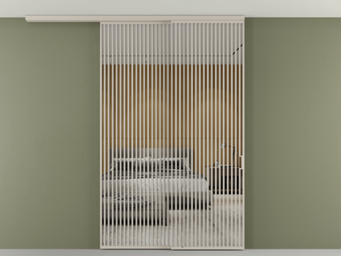 Перегородка Формато вдоль стены на потолок 2 створки с синхронным механизмом АЛПР 040.06 Алюминий светло-бежевый Двустороннее зеркало, триплекс , триплекс 6 мм Цена 3405447 ₸ | Volhovec