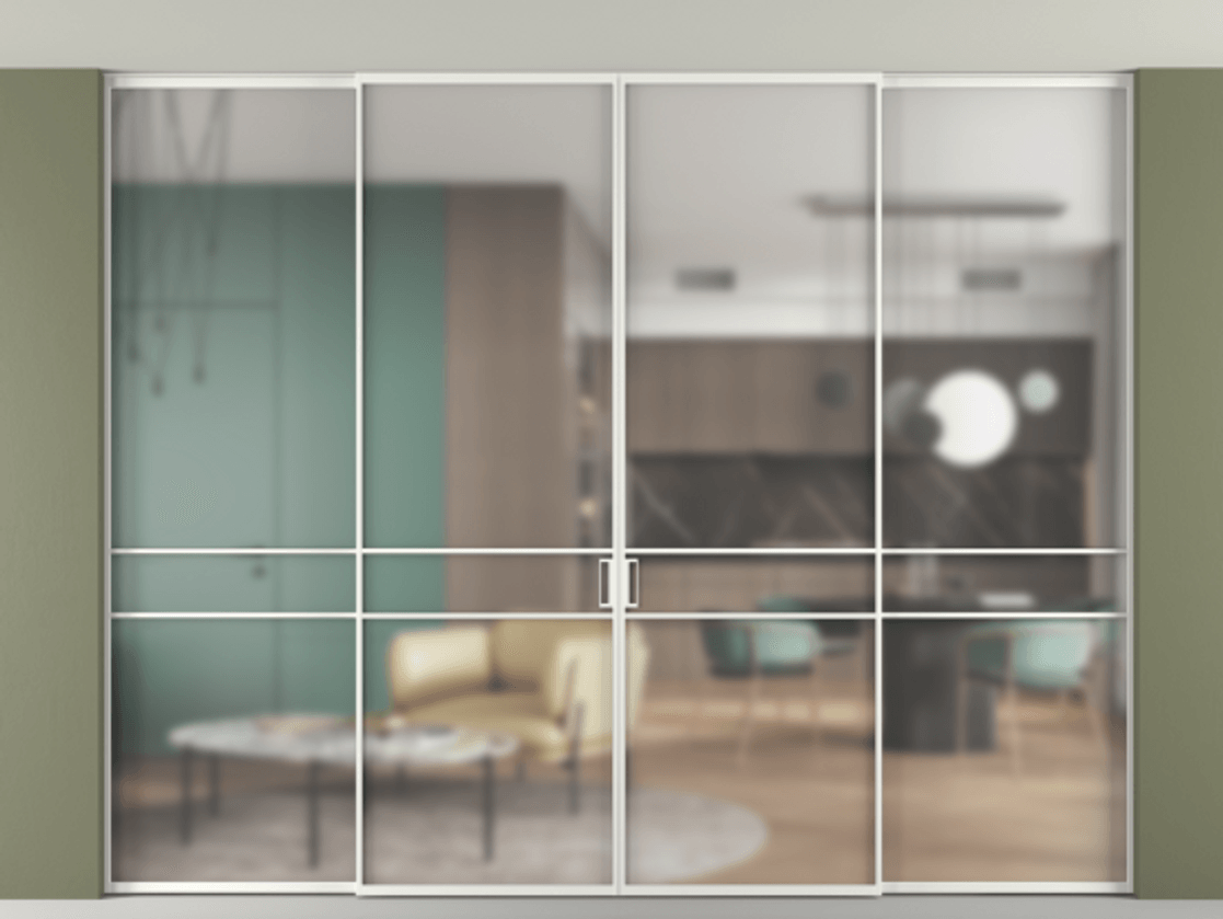 Перегородка Формато внутри проёма скрытое крепление в потолок 4 створки АЛПР 040.02 Алюминий светло-серый Сатинированное стекло "Мателюкс Кристал Вижн", калёное, матовое, каленое 6 мм Цена 4196858 ₸ | Volhovec