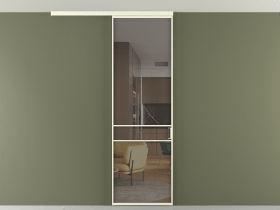 Перегородка Формато вдоль стены на потолок 1 створка АЛПР 040.02 Алюминий молочно-белый Прозрачное серое стекло, триплекс Цена 732246 ₸ | Volhovec