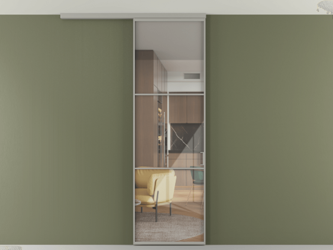 Перегородка Формато вдоль стены на потолок 1 створка АЛПР 040.03 Алюминий нейтральный серый Рефлективное прозрачное стекло "Стопсол", калёное Цена 811853 ₸ | Volhovec