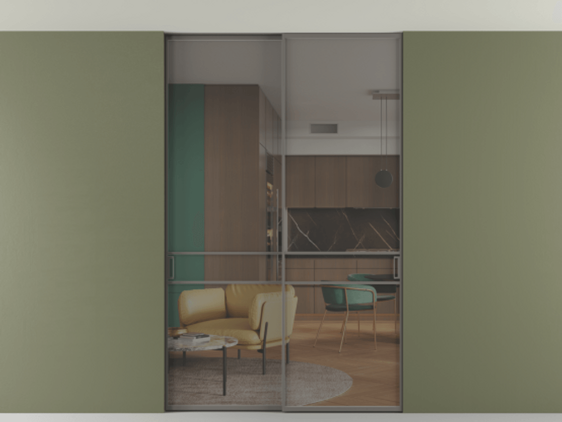 Перегородка Формато внутри проёма скрытое крепление в потолок 2 створки АЛПР 040.02 Алюминий классический серый Прозрачное серое стекло, триплекс Цена 2188771 ₸ | Volhovec