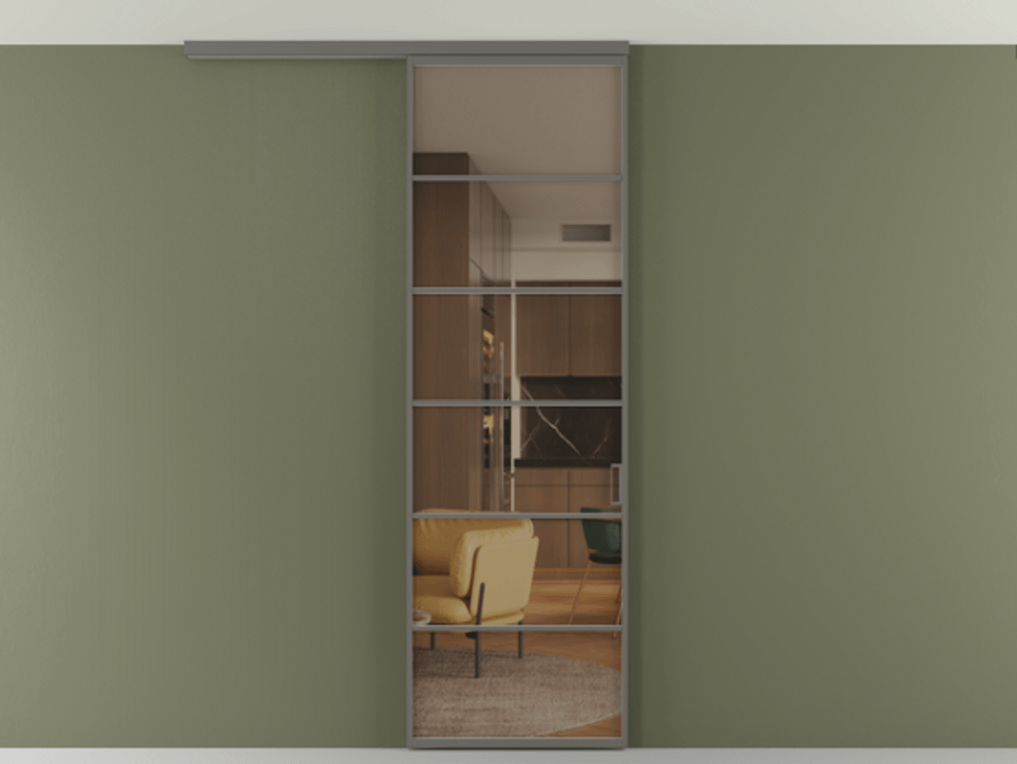 Перегородка Формато вдоль стены на потолок 1 створка АЛПР 040.04 Алюминий классический серый Прозрачное бронзовое стекло, триплекс Цена 780895 ₸ | Volhovec