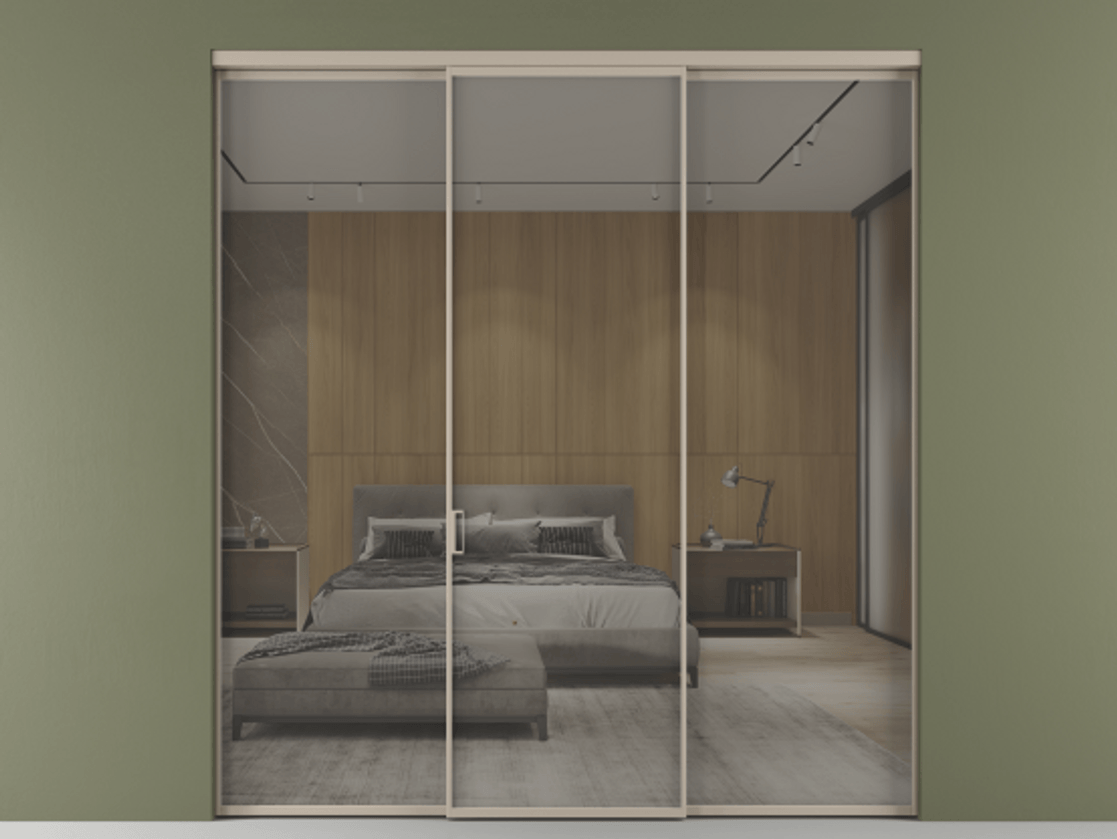 Перегородка Формато внутри проёма 3 створки АЛПР 040.01 Алюминий бисквитный Рефлективное серое стекло "Стопсол", калёное Цена 2278584 ₸ | Volhovec