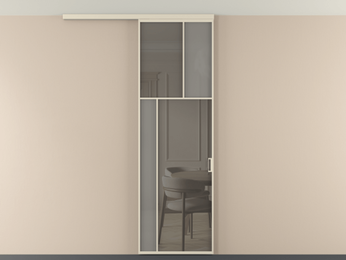 Перегородка Мозаик вдоль стены на потолок 1 створка АЛПР 041.22 Алюминий бежево-серый Сатинированное серое стекло, триплекс, 6 мм + Прозрачное серое стекло, триплекс Цена 1020902 ₸ | Volhovec