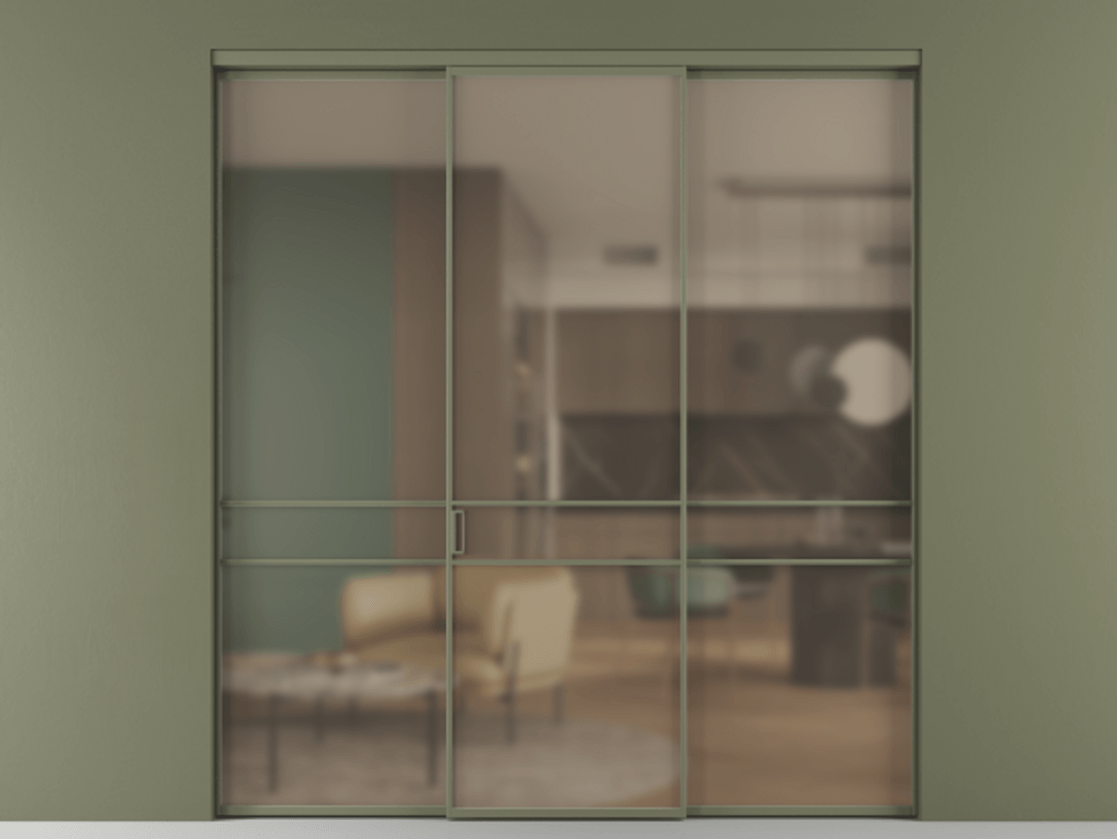 Перегородка Formato внутри проёма 3 створки АЛПР 040.02 Алюминий оливковый тёмный Сатинированное бронзовое стекло, триплекс Цена 1550890 ₸ | Volhovec