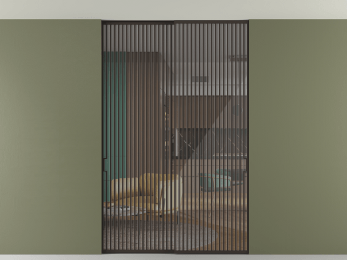 Перегородка Формато внутри проёма скрытое крепление в потолок 2 створки АЛПР 040.06 Алюминий антрацит Рефлективное прозрачное стекло "Стопсол", калёное Цена 3939667 ₸ | Volhovec