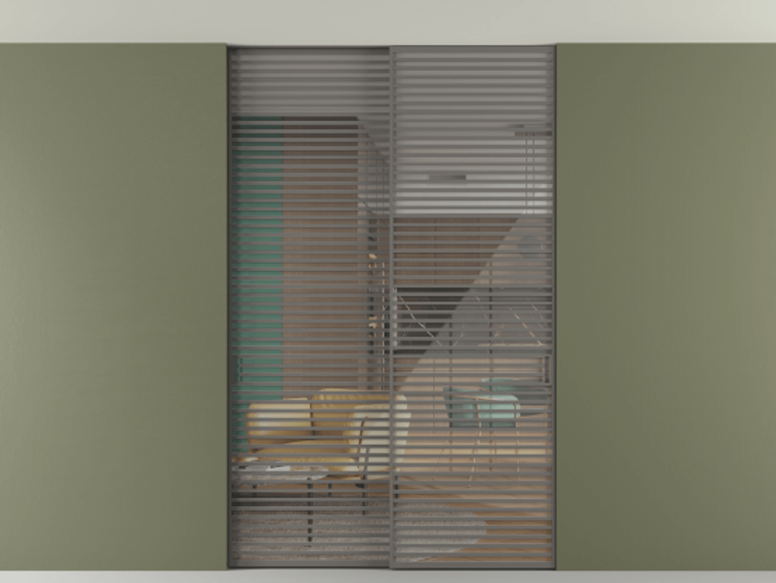 Перегородка Формато внутри проёма скрытое крепление в потолок 2 створки АЛПР 040.07 Алюминий классический серый Рефлективное прозрачное стекло "Стопсол", калёное Цена 3939667 ₸ | Volhovec