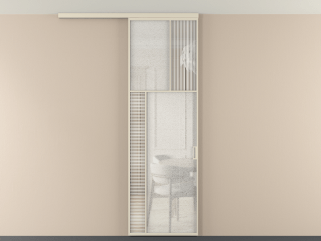 Перегородка Мозаик вдоль стены на потолок 1 створка АЛПР 041.22 Алюминий бежево-серый Рифлёное стекло "Дюна", триплекс, 6 мм + Фактурное стекло "Лёд", триплекс Цена 1081382 ₸ | Volhovec