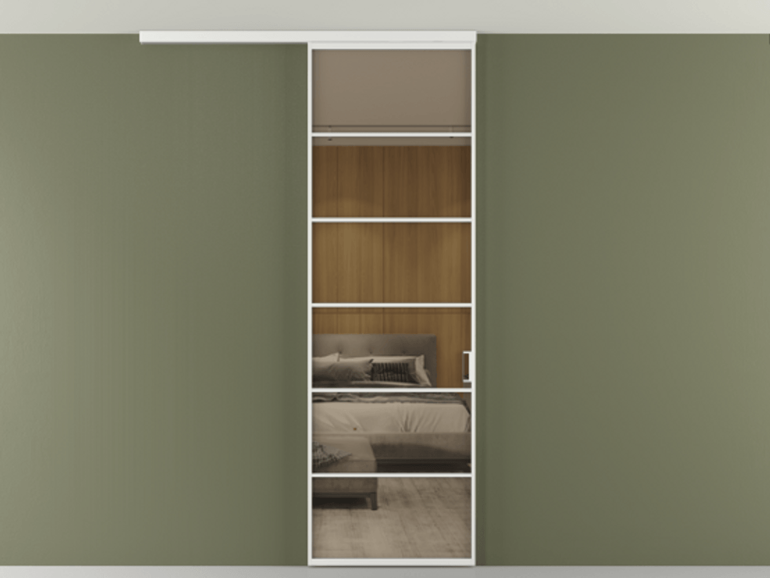 Перегородка Формато вдоль стены на потолок 1 створка АЛПР 040.04 Алюминий белоснежный Рефлективное бронзовое стекло "Стопсол", калёное Цена 863745 ₸ | Volhovec