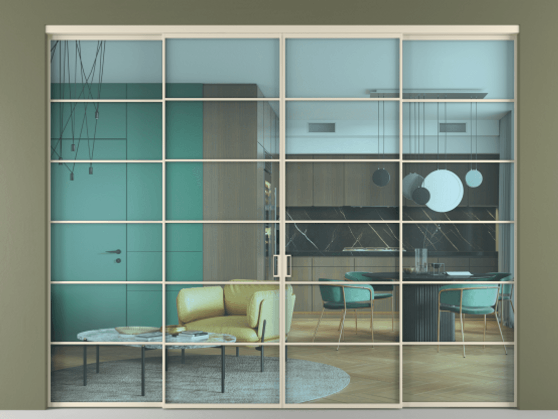 Межкомнатная дверь New Перегородка Formato внутри проёма четырёхстворчатая АЛПР 040.04 Алюминий бежево-серый Прозрачное голубое стекло, триплекс, 6мм Цена 2611200  | Volhovec