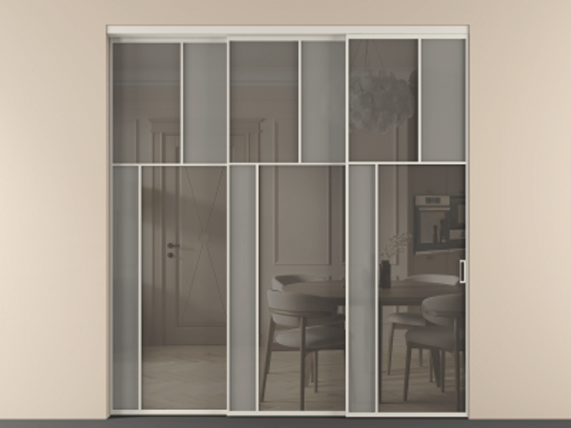 Перегородка Mosaic внутри проёма 3 створки с синхронным механизмом АЛПР 041.22 Алюминий облачно-серый Сатинированное серое стекло, триплекс, 6 мм + Прозрачное серое стекло, триплекс Цена 3306668 ₸ | Volhovec