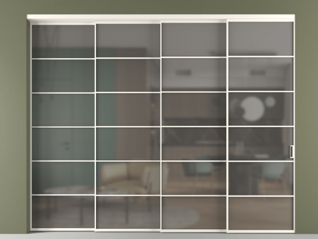 Перегородка Формато внутри проёма 4 створки с синхронным механизмом АЛПР 040.04 Алюминий пудровый белый Сатинированное серое стекло, триплекс. Цена 3694421 ₸ 1. Полотно 4 шт. (800/2100 мм)
2. Комплект установки раздвижной системы
3. Базовый комплект фурнитуры
4. Комплект фурнитуры телескопик синхро-3
5. Ручка Рондо. Фабрика дверей Волховец 8 (800) 551 43 19 Перегородка Формато внутри проёма 4 створки с синхронным механизмом АЛПР 040.04 Алюминий пудровый белый Сатинированное серое стекло, триплекс Цена 3694421 ₸ | Volhovec