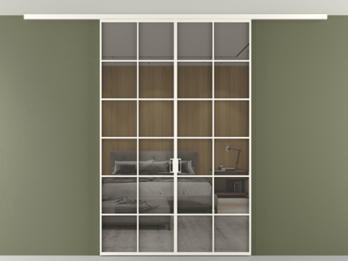 Перегородка Формато вдоль стены на потолок 2 створки АЛПР 040.05 Алюминий пудровый белый Рефлективное серое стекло "Стопсол", калёное Цена 1673814 ₸ | Volhovec