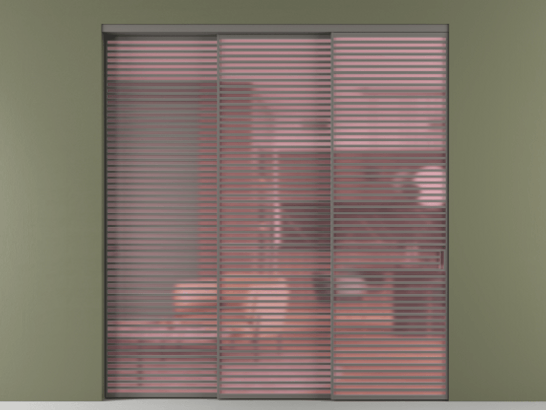 Перегородка Formato внутри проёма 3 створки с синхронным механизмом АЛПР 040.07 Алюминий классический серый Сатинированное розовое стекло, триплекс Цена 3617600 ₸  | Volhovec