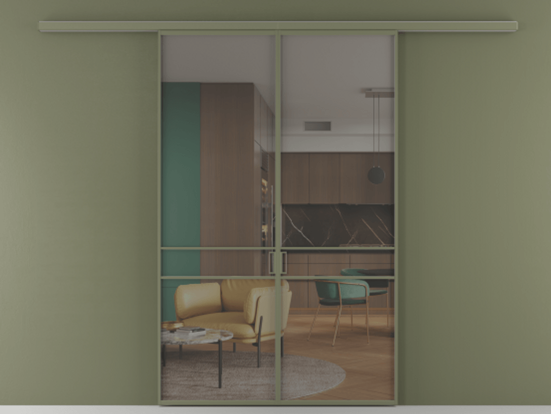 Перегородка Formato вдоль стены 2 створки АЛПР 040.02 Алюминий оливковый тёмный Прозрачное серое стекло, триплекс Цена 1266470 ₸ | Volhovec