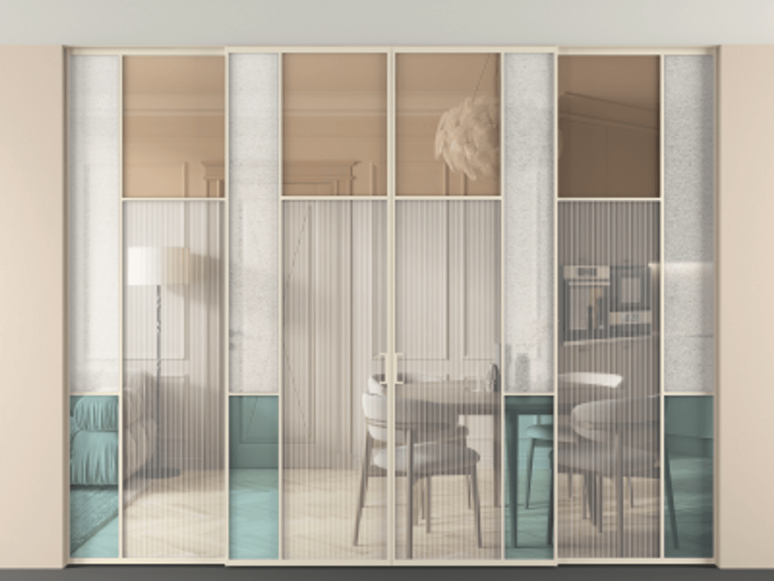 Перегородка Mosaic внутри проёма скрытое крепление в потолок 4 створки АЛПР 041.10 Алюминий бежево-серый Комбинация стекол Группы 1 и Группы 3 Цена 3851700 ₸ | Volhovec