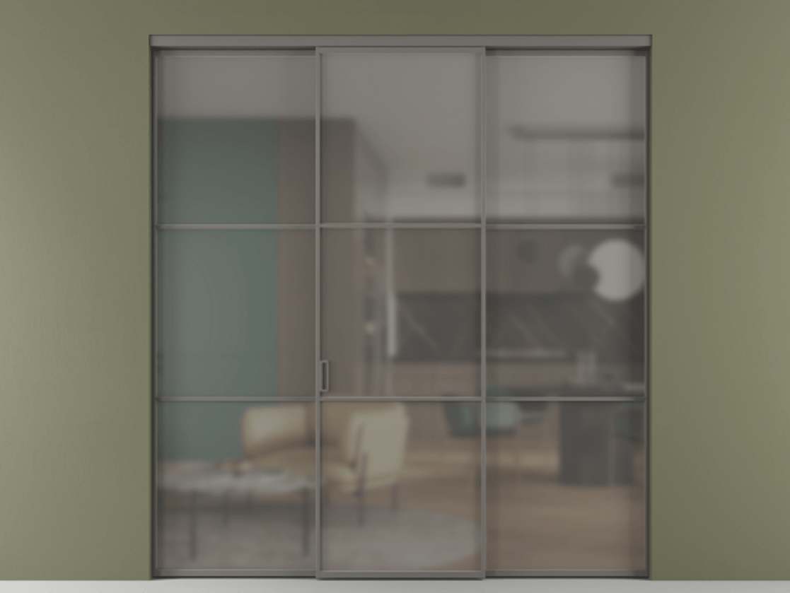 Перегородка Formato внутри проёма 3 створки АЛПР 040.03 Алюминий классический серый Сатинированное серое стекло, триплекс Цена 1793799 ₸ | Volhovec