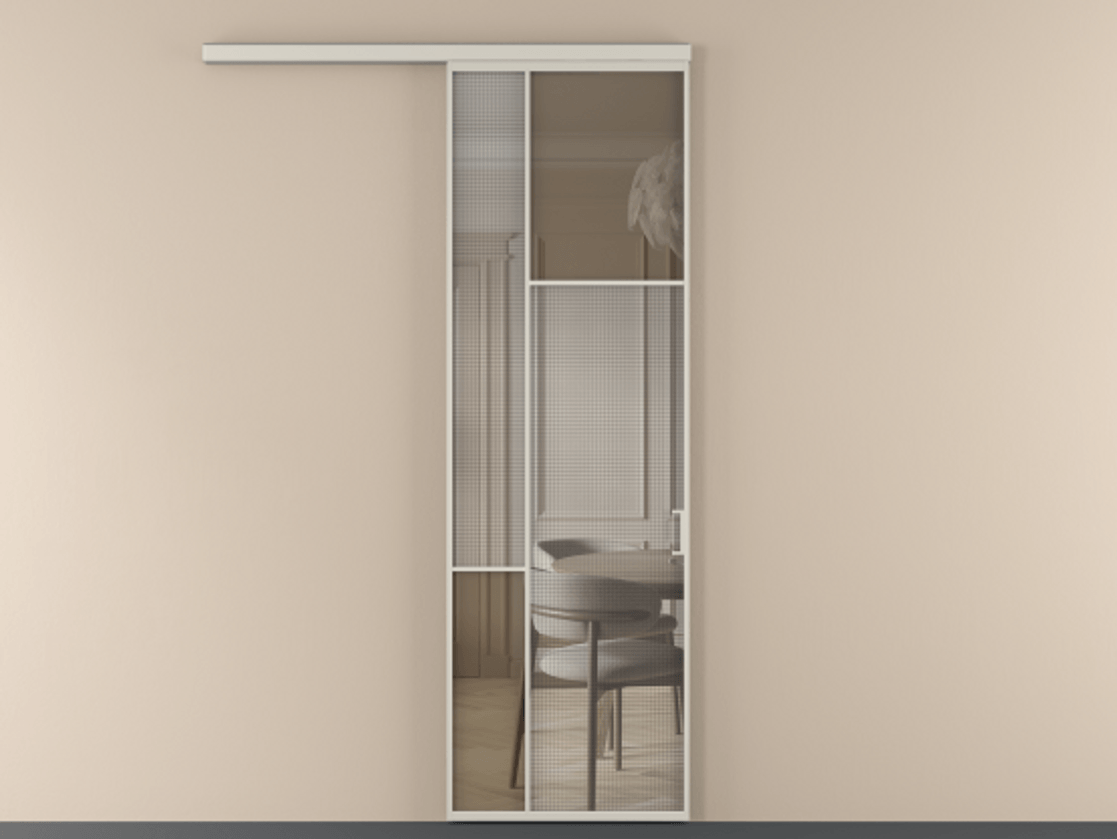 Перегородка Mosaic вдоль стены 1 створка АЛПР 041.11  Алюминий облачно-серый Декоративное стекло с сеткой "Mesh silver", триплекс, 6 мм + Прозрачное бронзовое стекло, триплекс Цена 892510 ₸ | Volhovec